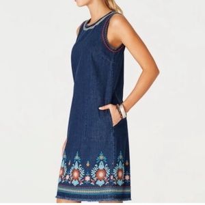 J Jill sleeveless embroidered denim dress with large pockets and fringe hem